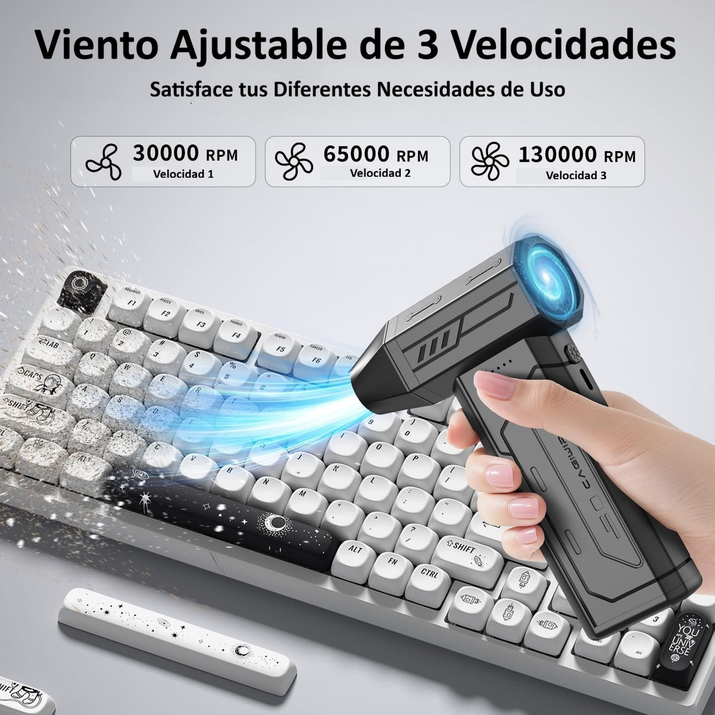 Soplador de Aire Comprimido 130000RPM – Inalámbrico, de 3 Velocidades, Motor sin Escobillas con Luz LED