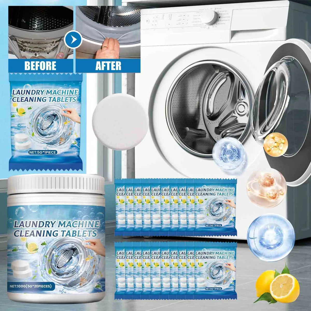 TABLETA EFERVESCENTE LIMPIADORA PARA LAVADORA JAKEHOE – ELIMINA OLORES Y SUCIEDAD RÁPIDAMENTE